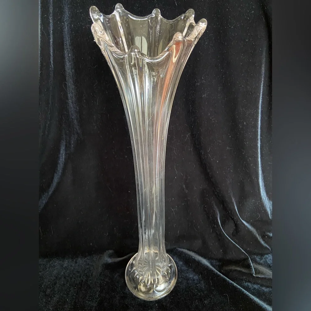 Vintage Clear Swung Tall Glass Vase 8 Finger 17” High